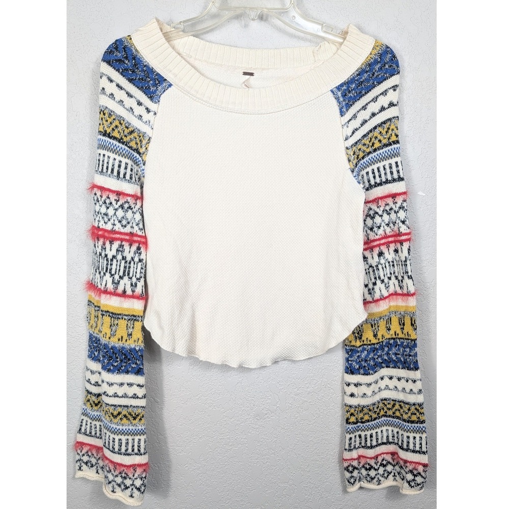 Free People Fairground Thermal Top Ivory Fair Isle Bell Sleeve XS Boho